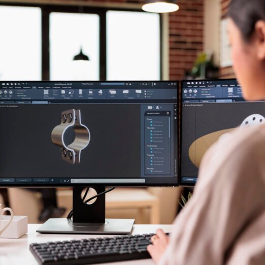 Cad engineer manufacturing machine product on pc, working with industrial machinery production on creative engineering software. Developing engine gears and turbine on computer.